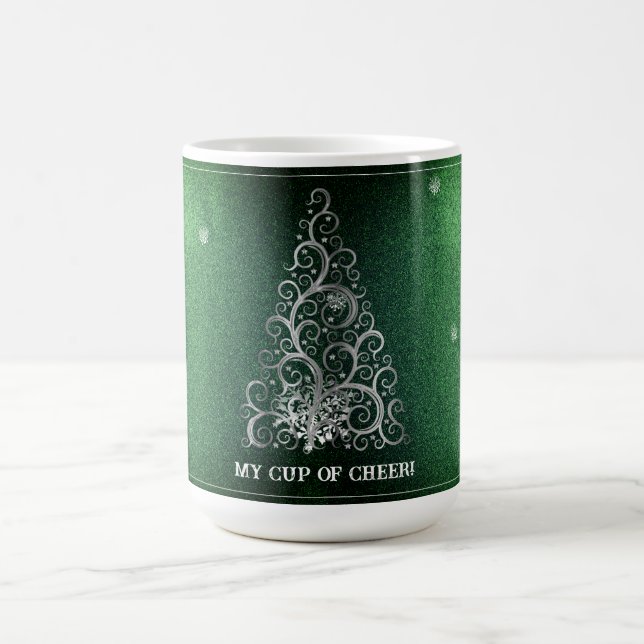 Taza De Café Purpurina de árbol de Navidad y copos de nieve | V (Centro)