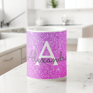 Taza De Café Purpurina de espuma morada rosa Monograma nombre i