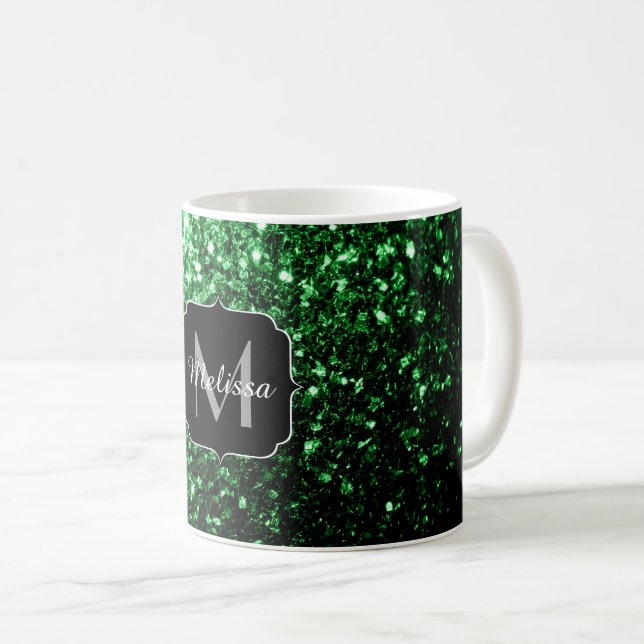 Taza De Café Purpurina de imitación verde oscuro chispa Monogra (Anverso derecho)
