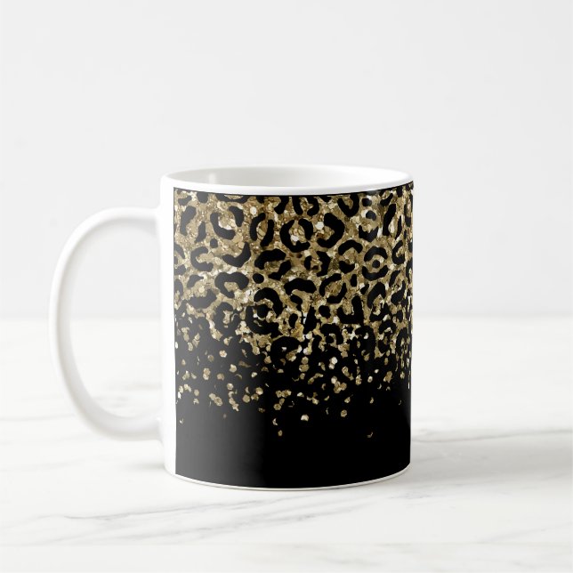 Taza De Café Purpurina de impresión Black Gold Leopard Overlay  (Izquierda)