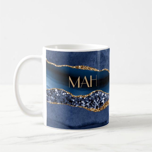 Taza De Café Purpurina de oro azul monogramado Agate Marble Tre (Izquierda)