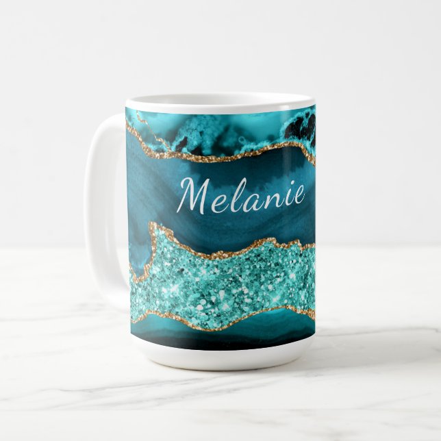 Taza De Café Purpurina de oro azul verde azulado Marble Nombre  (Anverso izquierdo)