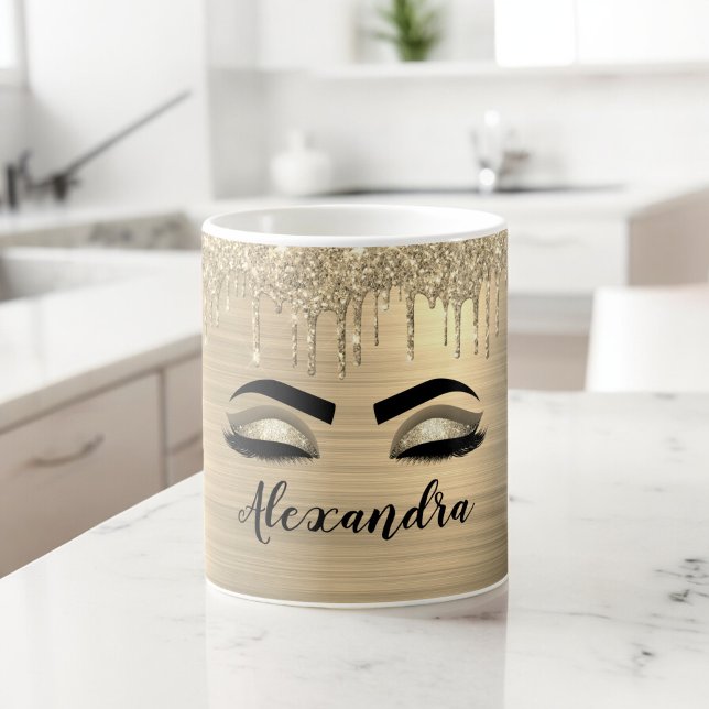 Taza De Café Purpurina de oro Esparkle Eyelashes Monograma Nomb (Subido por el creador)