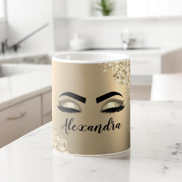 Taza De Café Purpurina de oro Esparkle Eyelashes Monograma Nomb