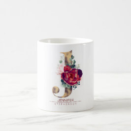 Taza De Café Purpurina de oro J Monograma Borgoña Floral Rojo