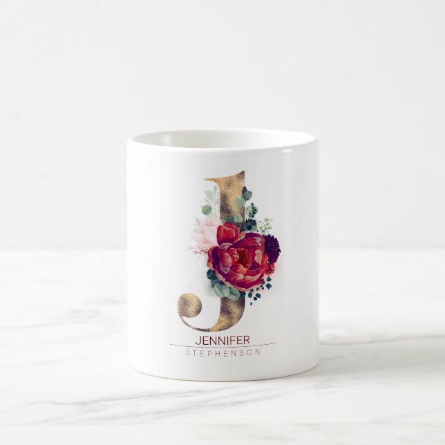 Taza De Café Purpurina de oro J Monograma Borgoña Floral Rojo (Centro)