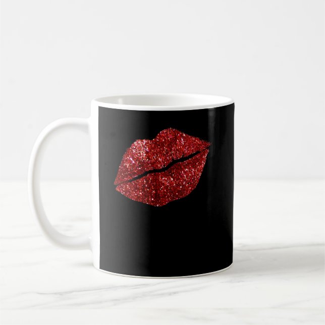 Taza De Café Purpurina de pintalabios de beso rojo, labios beso (Izquierda)