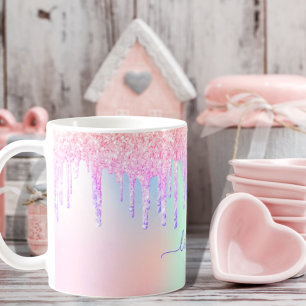 Taza De Café Purpurina de unicornio holográfico gotea monograma