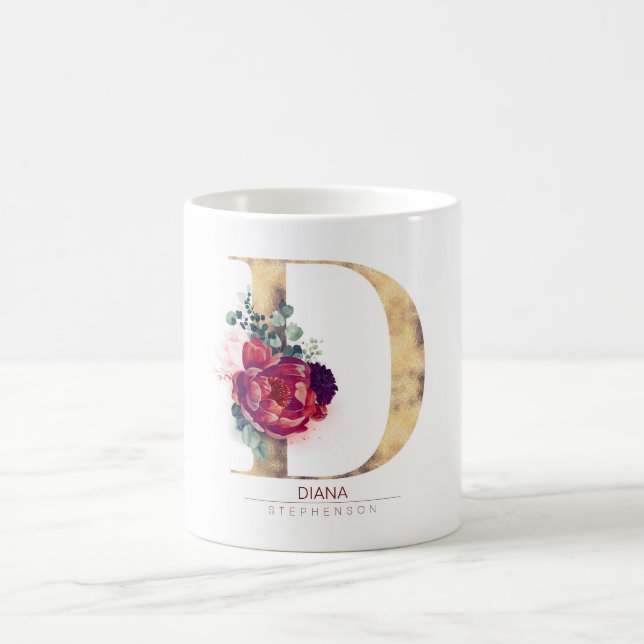Taza De Café Purpurina dorado D Monograma Floral Borgoña Rojo (Centro)