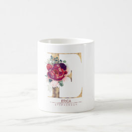 Taza De Café Purpurina dorado E Monograma Floral Borgoña Rojo
