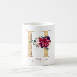 Taza De Café Purpurina dorado H Monograma Borgoña Floral Rojo