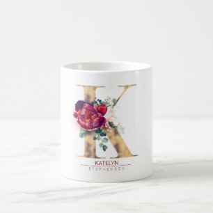 Taza De Café Purpurina dorado K Monograma Borgoña Floral Rojo