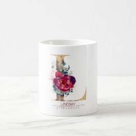Taza De Café Purpurina dorado L Monograma Borgoña Floral Rojo