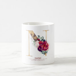 Taza De Café Purpurina dorado N Monograma Borgoña Floral Rojo