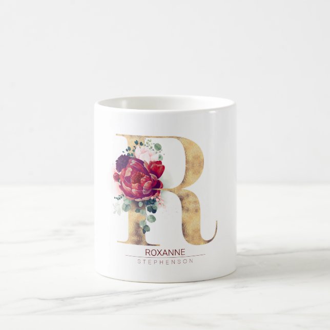 Taza De Café Purpurina dorado R Monograma Borgoña Floral Rojo (Centro)