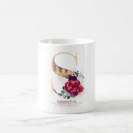 Taza De Café Purpurina dorado S Monograma Floral Borgoña Rojo