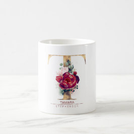 Taza De Café Purpurina dorado T Monograma Borgoña Floral Rojo