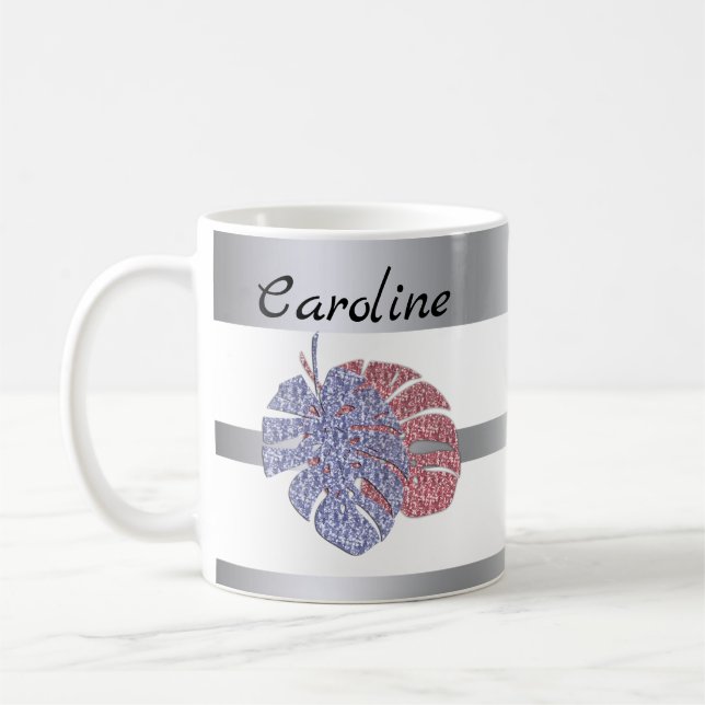 Taza De Café Purpurina exótico tropical brillo monstera hojas e (Izquierda)