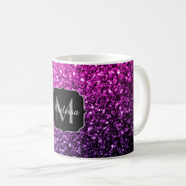 Taza De Café Purpurina falso rosa morado chispas Monograma (Anverso derecho)