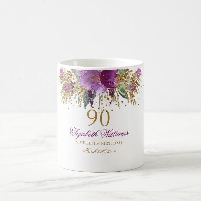 Taza De Café Purpurina floral Sparkling Amethyst 90th Birthday (Centro)