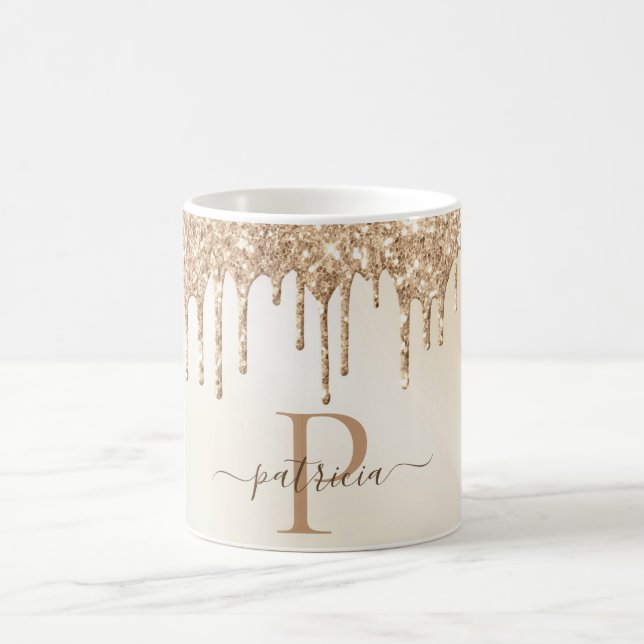 Taza De Café Purpurina Glam Gold Dris Elegante Monograma (Centro)