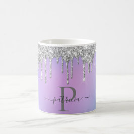 Taza De Café Purpurina Glam Silver Dris Elegante Monograma