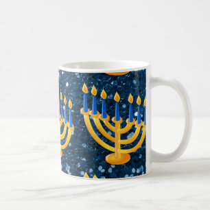 Taza De Café Purpurina Gold Menorah Blue Faux