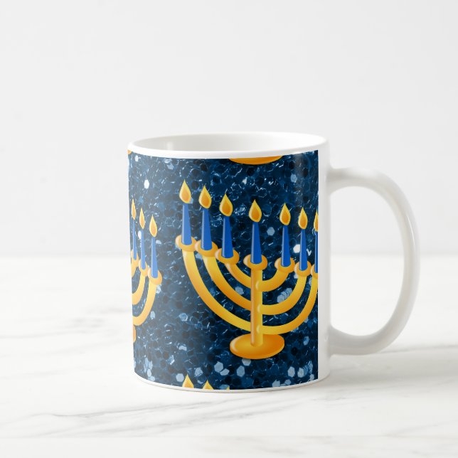 Taza De Café Purpurina Gold Menorah Blue Faux (Derecha)