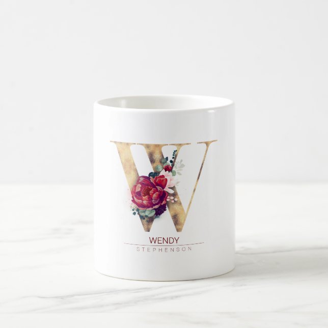 Taza De Café Purpurina Gold W Monograma Borgoña Rojo Floral (Centro)