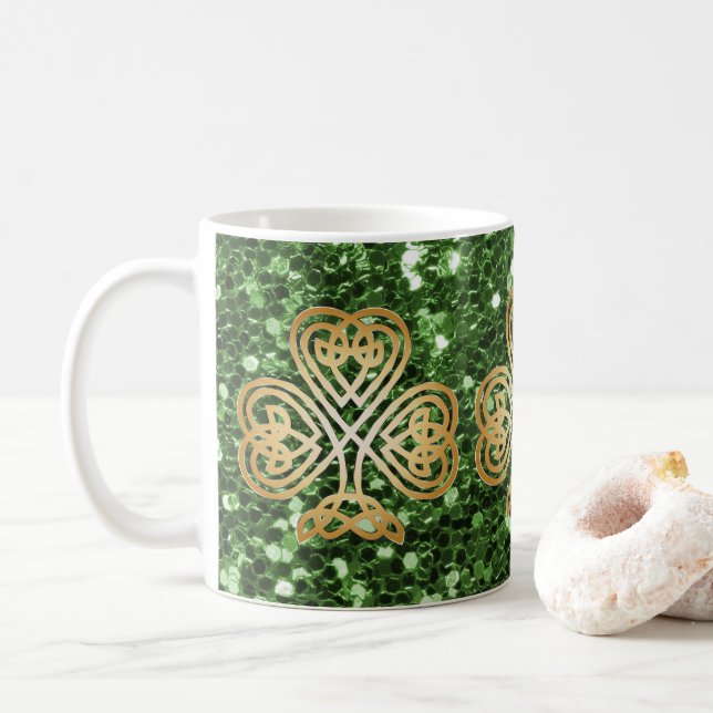 Taza De Café Purpurina Golden Brillante Celtic Shamrock Green F (Con donut)