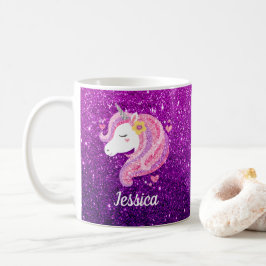 Taza De Café Purpurina lindo morado rosa unicornio