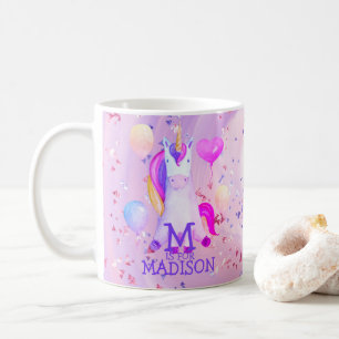 Taza De Café Purpurina monograma de nombres de unicornio rosa m