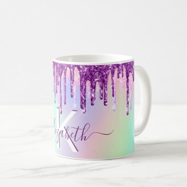Taza De Café Purpurina morado rosado gotea monograma holográfic (Anverso derecho)