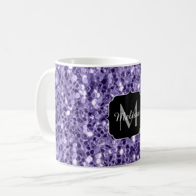 Taza De Café Purpurina morado ultravioleta chispa Monograma (Anverso izquierdo)