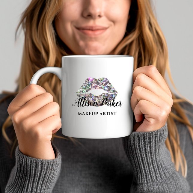 Taza De Café Purpurina plateado besó a artista de maquillaje de (Silver Glitter Kiss Lips Business Makeup Artist Coffee Mug)