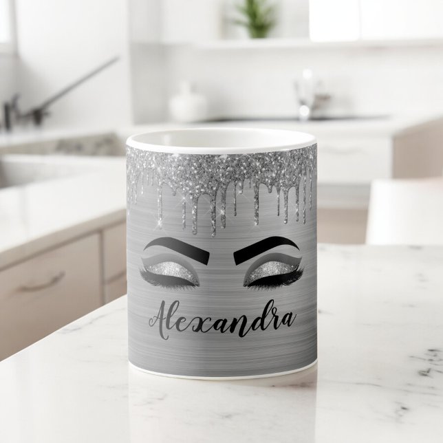Taza De Café Purpurina plateado Sparkle Eyelashes Monograma Nom (Subido por el creador)