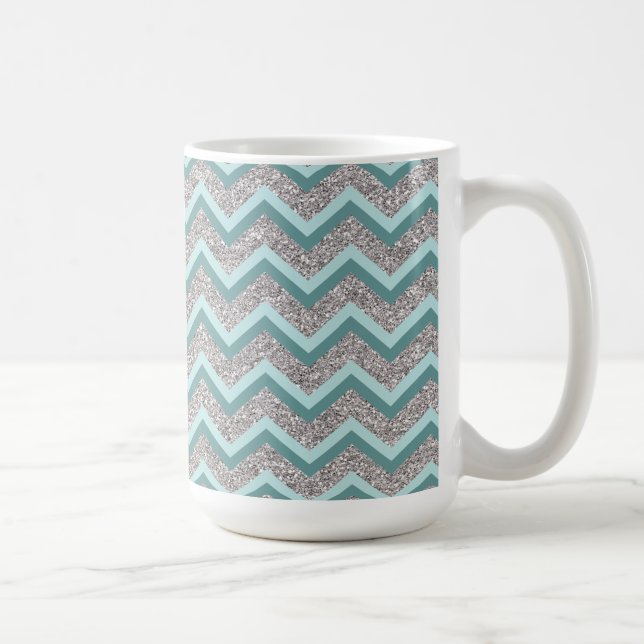 Taza De Café Purpurina plateado y ZigZag Verde azulado (Derecha)