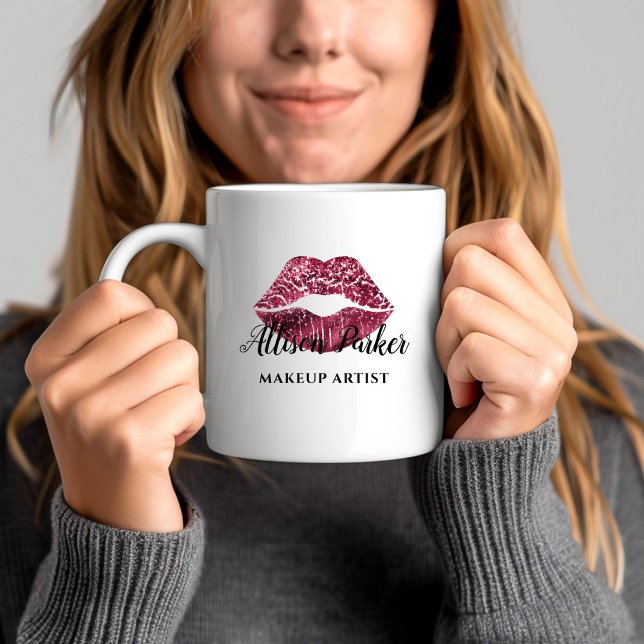 Taza De Café Purpurina rojo besó a un artista de maquillaje de  (Red Glitter Kiss Lips Business Makeup Artist Coffee Mug)