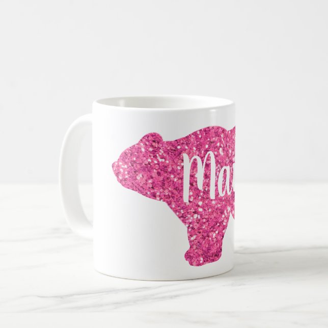 Taza De Café Purpurina rosa brillante diseño de oso mamá (Anverso izquierdo)