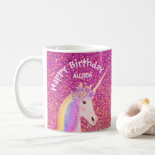 Taza De Café Purpurina rosa de cumpleaños de Unicornio personal