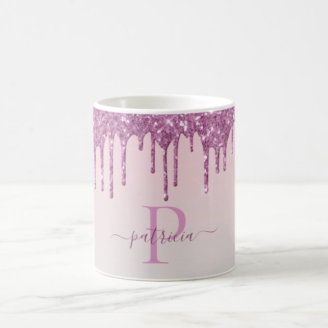 Taza De Café Purpurina rosa Glam Dris elegante Monograma (Centro)