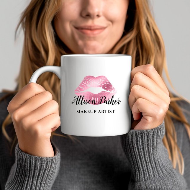 Taza De Café Purpurina rosado besó a artista de maquillaje de n (Pink Glitter Kiss Lips Business Makeup Artist Coffee Mug)