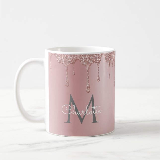 Taza De Café Purpurina rosado gotea elegante monograma de escri (Izquierda)