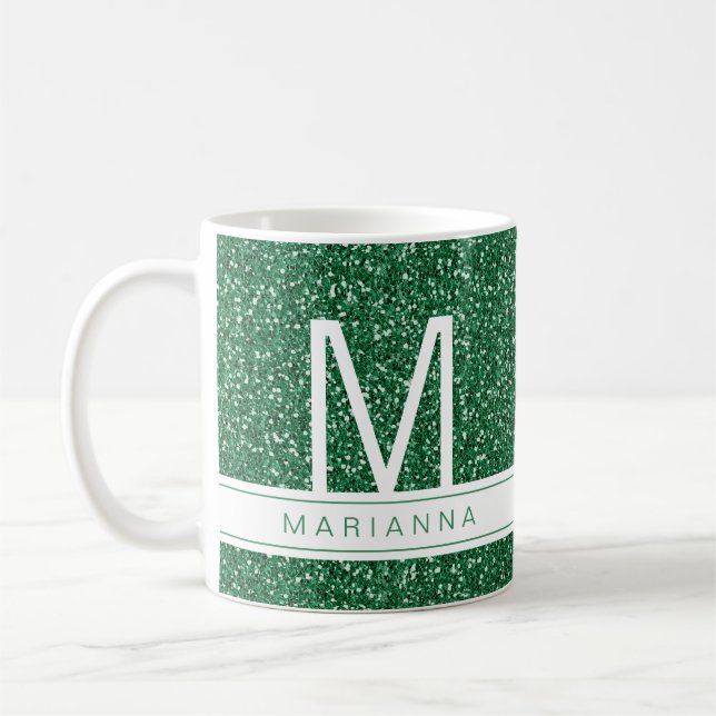 Taza De Café Purpurina verde Monograma Personalizado Nombre ini (Izquierda)