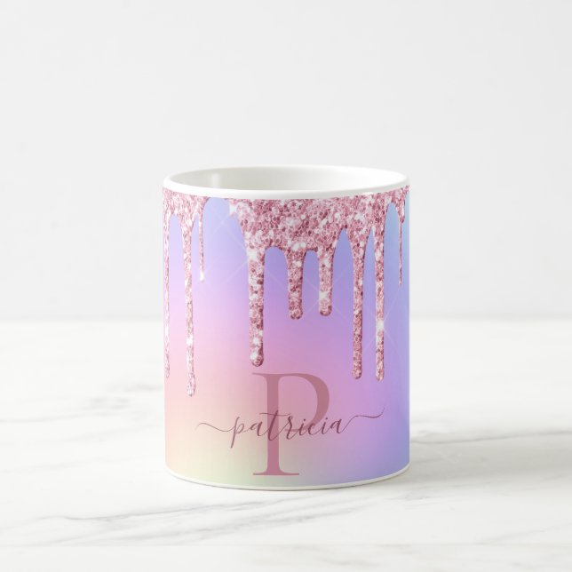 Taza De Café Purpurinas holográficos rosados con un monograma e (Centro)