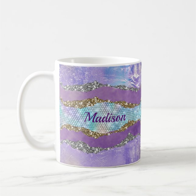 Taza De Café Purpurinoso de sirena elegante Monograma turquesa  (Izquierda)