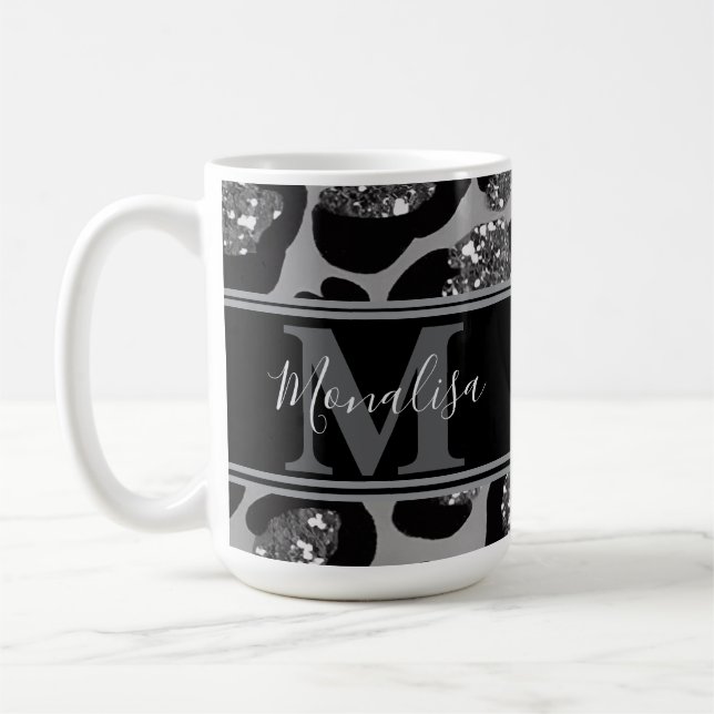 Taza De Café purpurinoso negro y plateado monogramado personali (Izquierda)