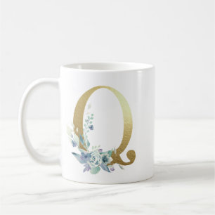 Taza De Café Q, inicial dorada con follaje floral azul