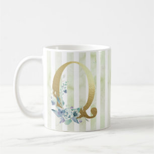 Taza De Café Q, inicial dorada con rayas azules y blancas,
