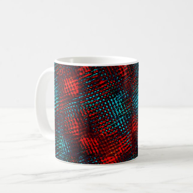 Taza De Café Quadriculados riscados em vermelho e azul claro. (Anverso izquierdo)